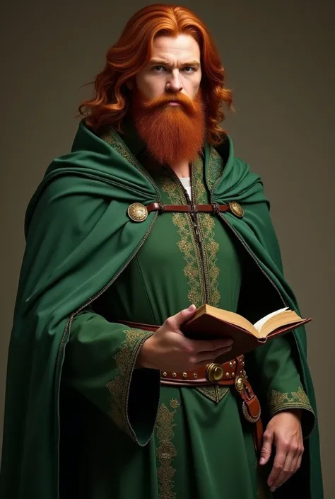 Remove his beard, leave him with only long red hair, leave him with only green clothes without a cape but with a hood, and make the sleeves of his clothes shorter, and put the open book in his right hand. 