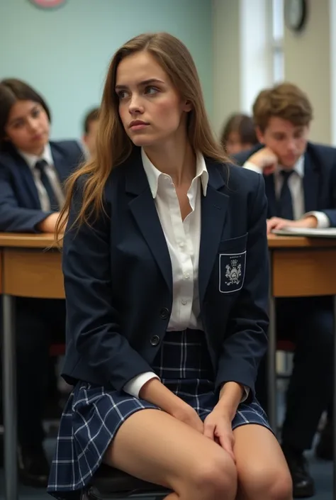 A beautiful teen on her knees in class. her inner thighs are being grabbed by male classmates. she looks uncomfortable and nervous. She is wearing british school uniform