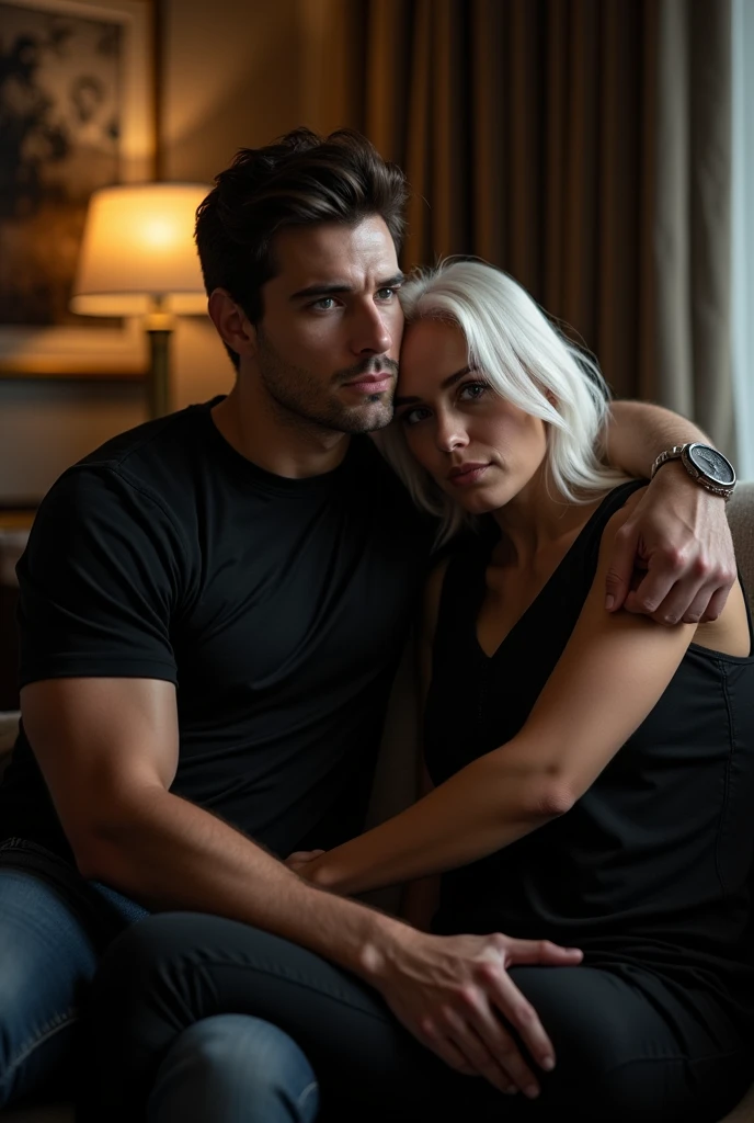 -  25 years, man, light skin, cabello negro, tall and muscular, dark eyes,  cold but attentive expression,  tight black shirt , Dark jeans,  arms around you ,  25 years, man, light skin,  white hair ,  intense look ,  casual wear, sitting next to my , luxu...