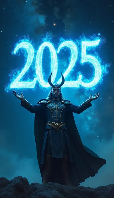 Loki, Standing, Making Blue "2025" Logo By His Magic, Celebrating New Year, Night Time, Milky Way, Realistic, Cinematic 