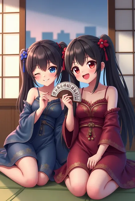 two Japanese girl、 vampire、black hair、 twin tails、smile、 big eyes、 dress 、 I have a fan、 tatami room 、Relax、Buildings、3d

