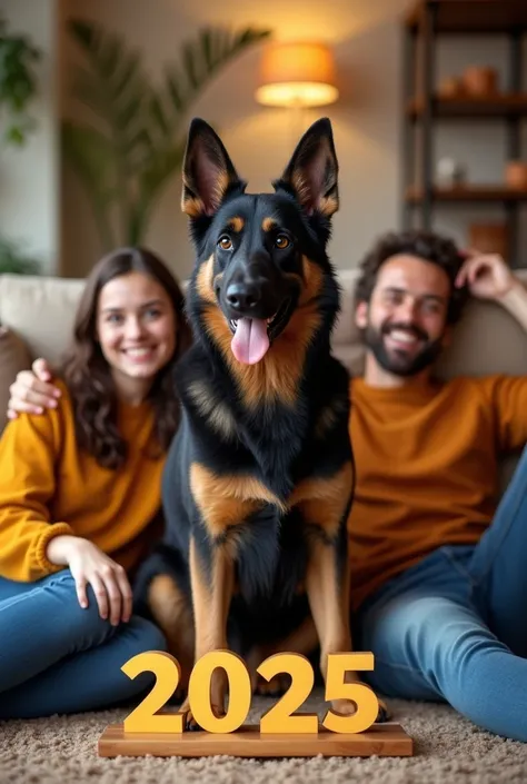 Belgian shepherd family at home with happy year 2025 logo