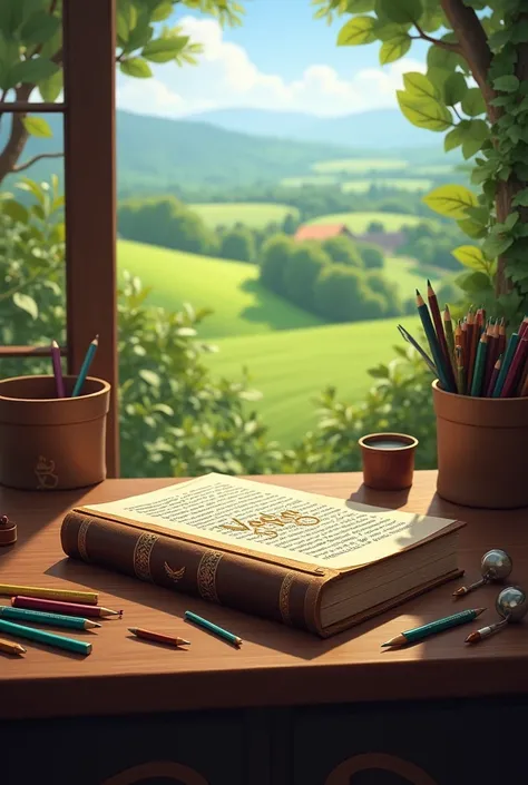 A book vagaa written on it on a table with pens and pencils on a table in a farmland.