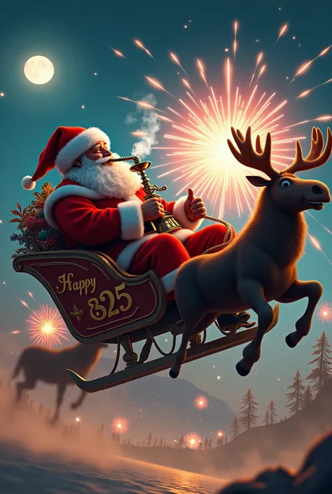  Santa Claus smoking hookah and flying over the New Year fireworks on the beach at night, in a big sleigh , pulled by moose , And it says DUBAI HOOKAH CB on the side of the sleigh ,  on top of Santa Claus write the phrase in HAPPY 2025 in gold  .