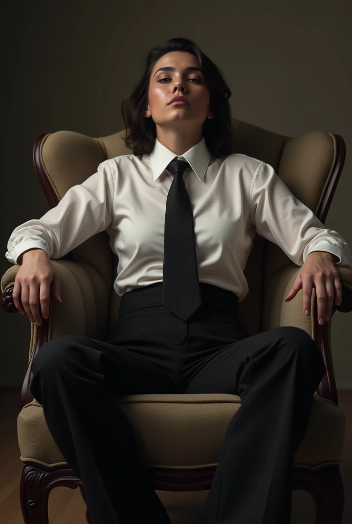 Rem, collared shirt, necktie, cameltoe, high waist flared pants,masturbate, sitting in chair, spread legs, from below