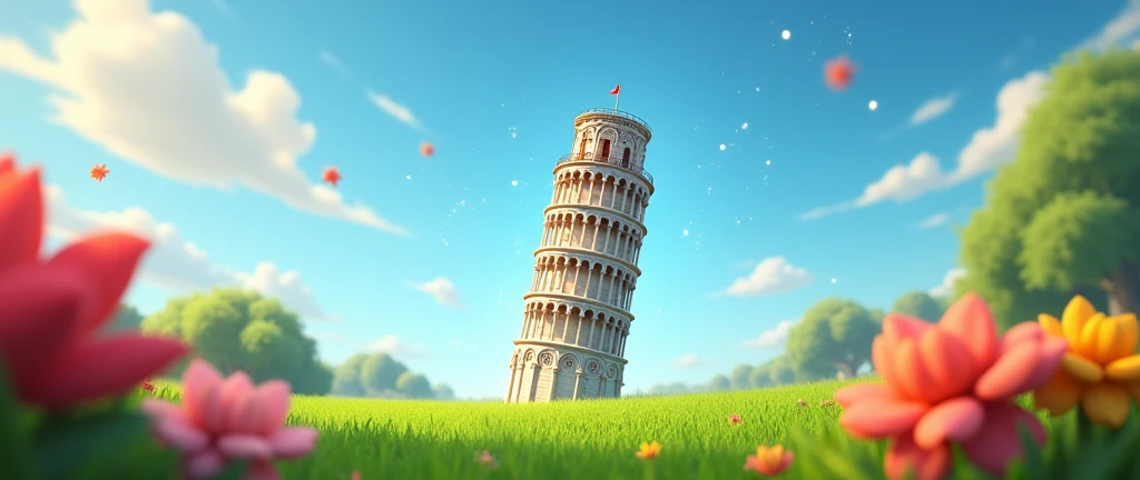 A Pixar-like animated depiction of the Leaning Tower of Pisa in Italy, set in a vibrant green lawn with colorful flowers scattered around. The tower tilts charmingly under a bright blue sky with soft clouds, creating a playful and enchanting atmosphere. Wh...