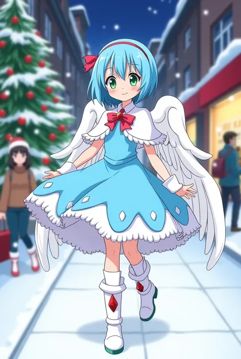 (Precure style),Holy angel Tama,A cartoon of girl with white wings,,holy angel,（blue hair）,short hair,green eyes,light blue dress,white cape,(blue flare skirt),white boots with red jewels,in city,night,smile,snow,winter,(Christmas tree),shopping,,