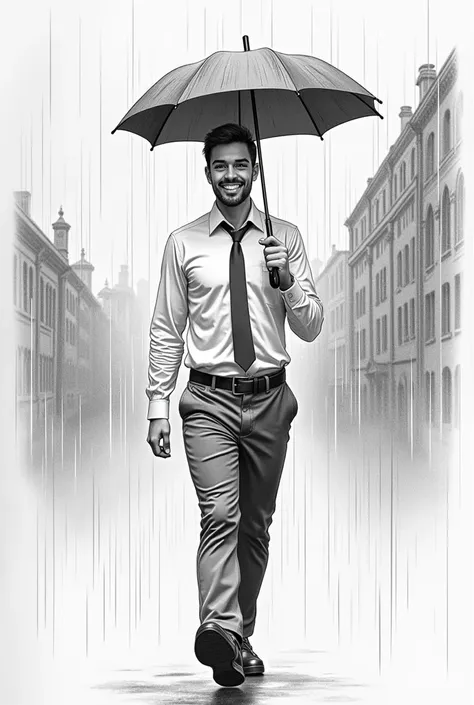 A drawing of a man in a tie smiling in the rain and walking , buildings in the background. He have a umbrella ( Let the drawing be in pencil on paper and as if drawn by someone not so expert) style Cartoon AND