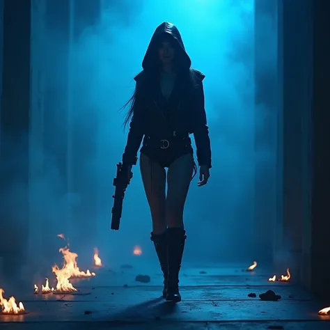 arte digital, arte digital. THE LIGHTING IS BLUE SURROUNDING WITH FIRE AND SMOKE ALL AROUND. 

.  A girl stands in the center ,  with a defiant expression on her face ,  Wear a LEATHER OUTFIT that fits your figure ,  while a black hood hides her identity a...