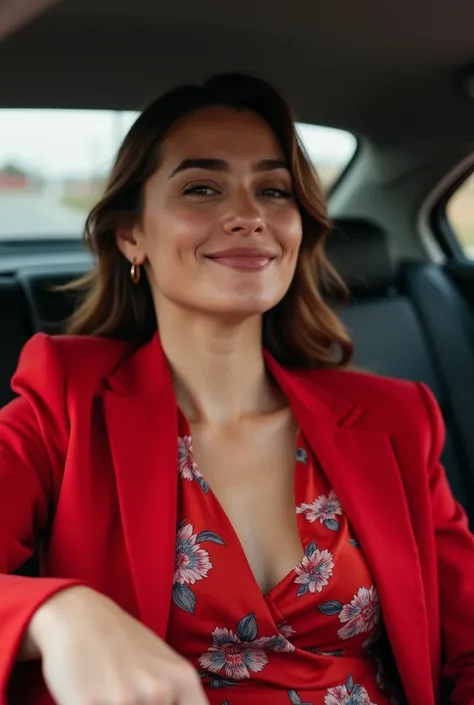 smiling woman in red jacket sitting in car with red flowered shirt, a picture inspired by Verónica Ruiz de Velasco, instagram, tachisme, wearing red jacket, lorena avarez, alanis guillen, wearing a red outfit, wearing red attire, very very low quality pict...