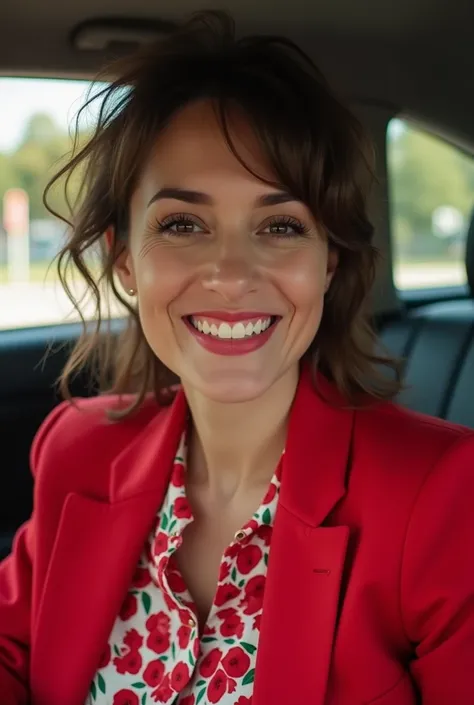 smiling woman in red jacket sitting in car with red flowered shirt, wearing red jacket, lorena avarez, alanis guillen, wearing a red outfit, wearing red attire, inspired by Verónica Ruiz de Velasco, very very low quality picture, by Gina Pellón, pilar, pho...