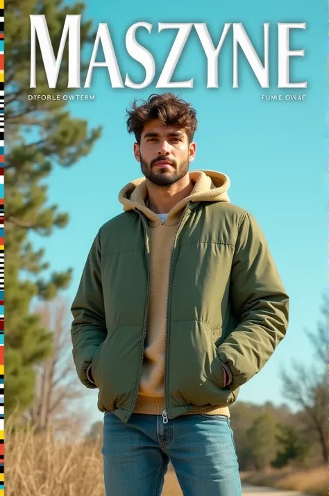 Design a modern magazine cover layout featuring a stylish young man in casual winter fashion. Use clean, bold typography with a vertical title on the left side, and include text sections for headlines, subheadings, and a footer. The color palette should co...