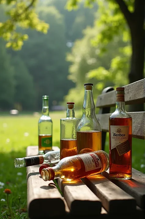 Picture full of alcohol bottles on a bench in a park 