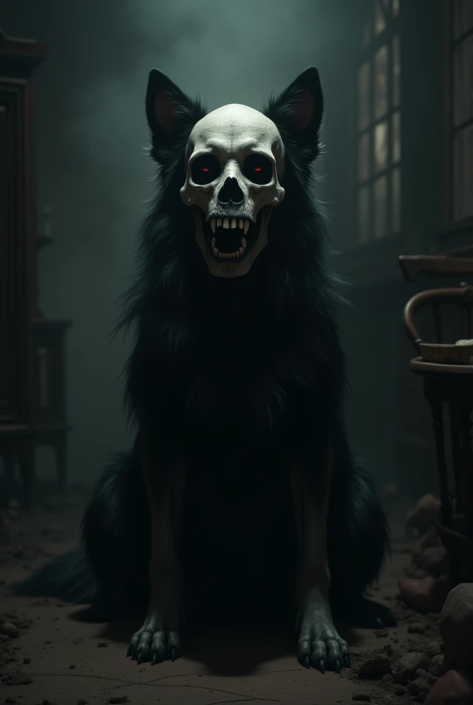 A black dog,  has a black mane and no head, in its place, has a human skull , Hes sitting inside a dark house.