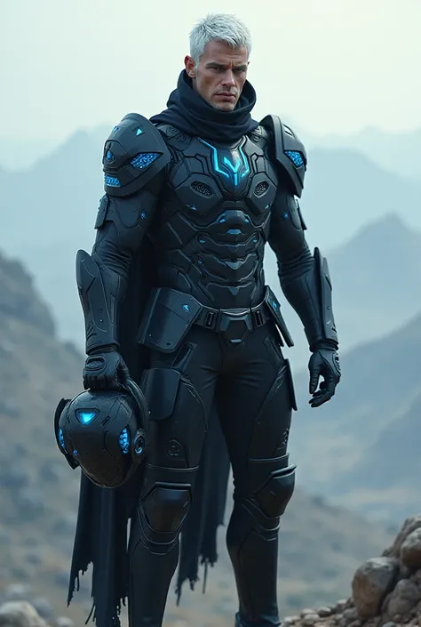 Create a white-haired man ,  blue eyes,  dressed in black armor with blue details and leather gloves and boot on top of a flying board holding your helmet in your hand 