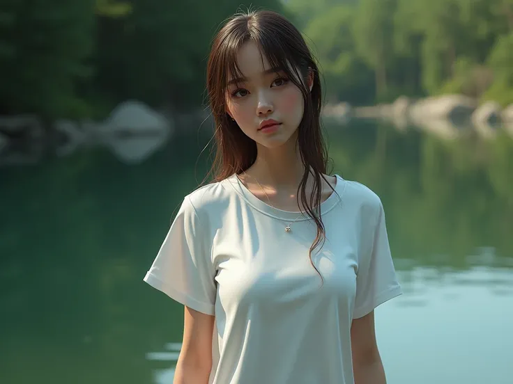 3D female model ,  FULLY RENDERED , High texture,  wearing a white t-shirt,  aerial view, in the lake, Fashion photo , forest, wearing a long white t-shirt, wet skin, wet t-shirt,  wet body , posing as a model