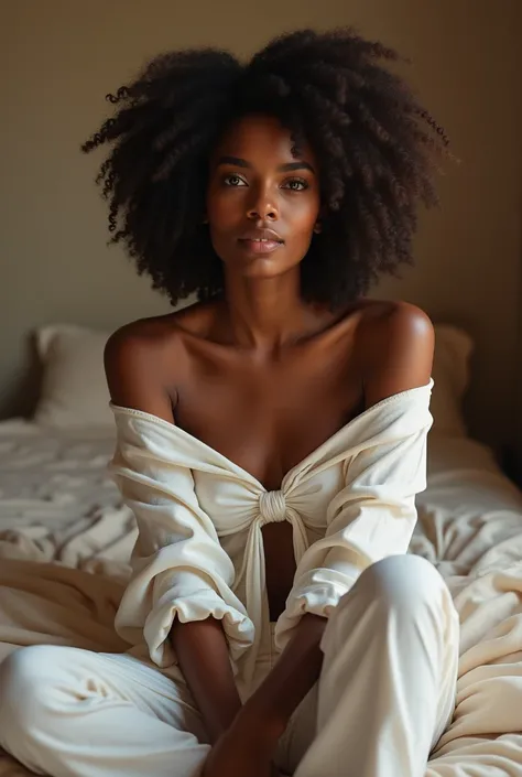 (photorealism:1.2), beautiful  black woman, sitting on bed, wearing loose off-shoulder top, pajama pants, wishing you a prosperous new year
