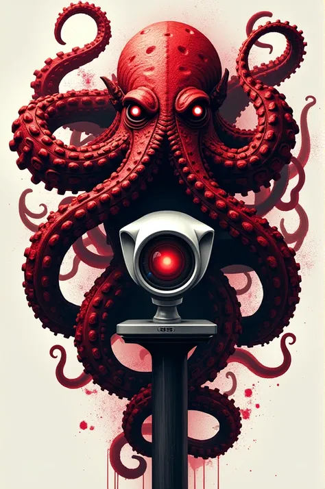 Kraken logo and camera de surveillance logi in red and white