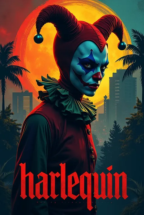 Movie poster about a mysterious harlequin who murders politicians and police in Peru and under the poster is written the word HARLEQUIN with cartomantic letters