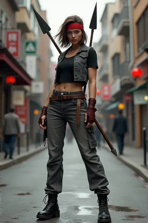       A street fighter      ,  36 years old,      she has visible signs of fighting ,  Is still attractive     ,  medium-length brown hair,       red headband      , black T-shirt, dark grey vest      ,       gray jeans      ,    black lace-up boots with b...