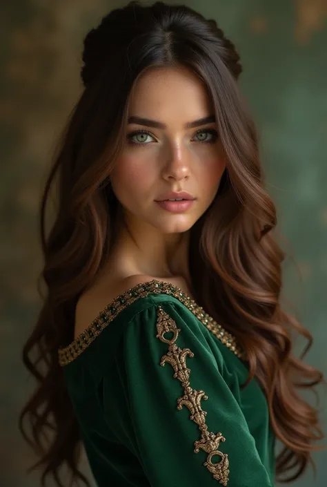 Annora Serpentis is 19 year old a striking beauty with long,brown hair that flows gracefully down her back, accented by soft bangs that frame her sharp, angular face. Her emerald green eyes She often wears Sacramento Tudor dress