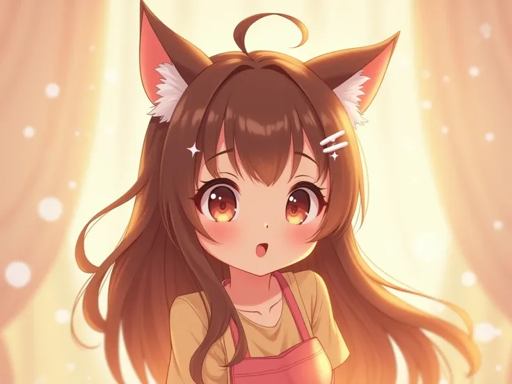 I would like to create a cute girl for a cartoonCabelo comprido, Rice,  brown hair ,  simple background ,  cat ears, brilliance, For Disney Pixar style  ,  cartoon