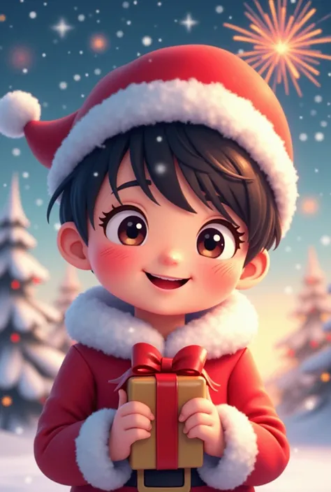 the subject:  New Year music :  pastel background :  beautiful fireworks and  "  Happy New Year 2025  "  You have a cartoon character boy with short dark hair, Has bangs,  wearing a Santa Claus costume , He has a gift in his hands ,  smiles , cute