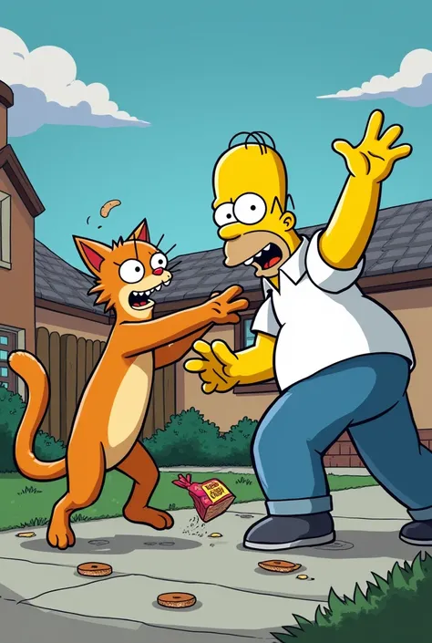 A cat fighting with Homer Simpson 