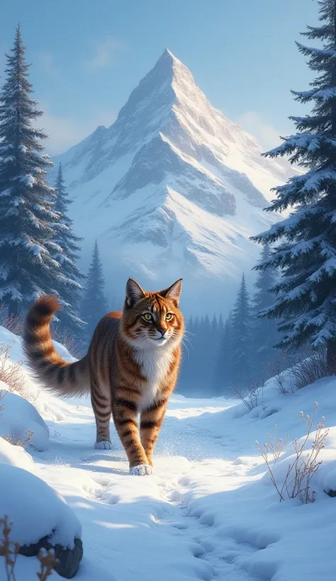 
araffe cat walking in the snow in front of a mountain, warrior cats, awesome cat, cat in the forest, beautiful cat, erin hunter, a painting of a cat, in a painting of a cat, warrior cats fan art, cat detailed, beautiful picture of stray, anthropomorphic l...