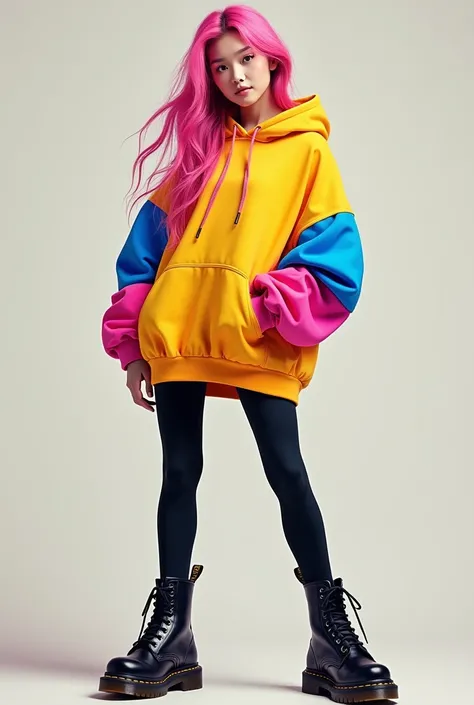 A pretty streamer girl, long pink hair, colorful clothes,  yellow oversized hoodie with blue and pink accents on the arms,  black leggings, black doc martens,  full body shot 