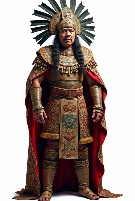 High quality photograph of the Aztec emperor Moctezuna, full body, white background.