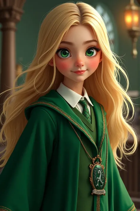  Create an image of an  girl with blond hair in a hoodie, with green eyes, smiley look ,Wear the Hogwarts robe from Slytherin 