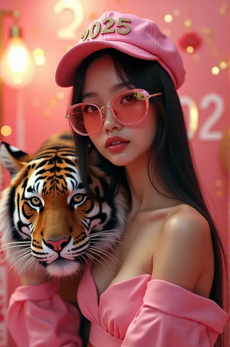  sexy girl,  thick lips ,  long straight and black hair , slanted eyes , pink elegant clothes ,  pink new year background, with big glasses,2025 cap ,with a tiger, happy new year 
