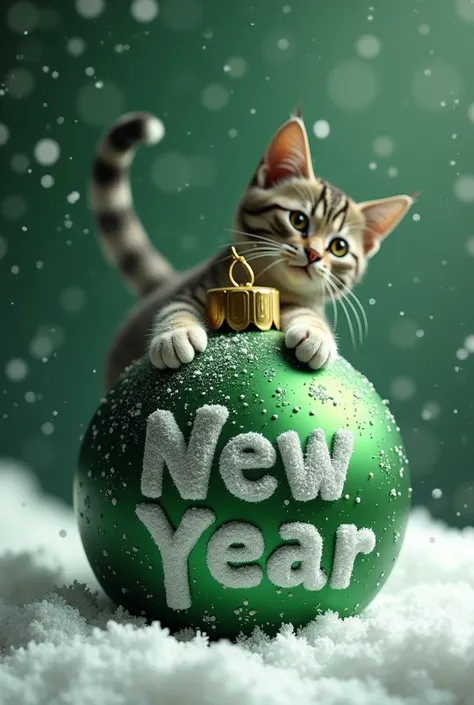 Christmas ball,  green color , Say the name new year with a cats paw,  Christmas background with snow  