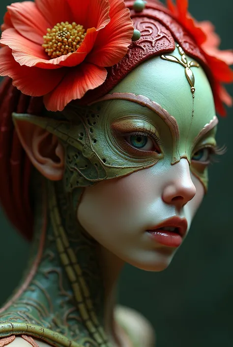 a close up of a woman with a red headdress and a flower, portrait of a alien insect, portrait of an insectoid, insectoid, hyperdetailed fantasy character, tomasz alen kopera and cgsociety, inspired by tomasz alen kopera, alien in the form of mantis, bug li...