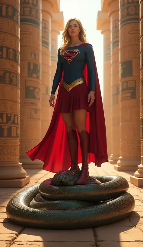 Super sexy Supergirl watching The Apophis Serpent defeated on the floor, ultra realistic and professional images  