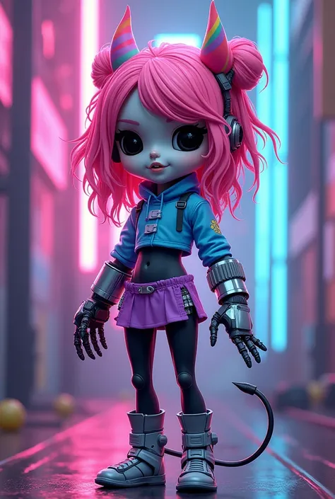  A cartoon-style character with an adorable and unique cyberpunk design .  She has bright pink hair with raised locks and an accessory that looks like a soft horn splashed with colors.  Half of his face is metallic , , resembling a robot mask with a big, b...