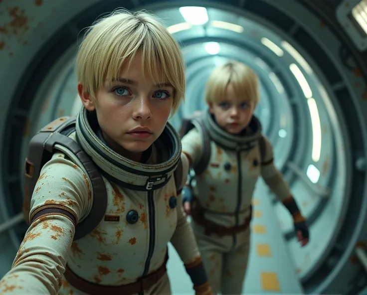 cinematic close-up photograph of a beautiful blonde woman, blue eyes, short hair, sexy and sculptural body, beautiful breasts, wearing a tight, old and worn metallic yellow astronaut suit, with her little daughter of (((ten years old))) wearing a tight, ol...