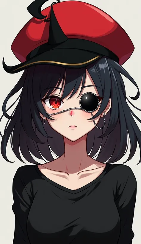  Anime woman with black hair and a tuft in the red cap, a small black crown , black top,  a silver chain from the nose to the left ear ,  with a black patch on the right eye , Ojos rojos