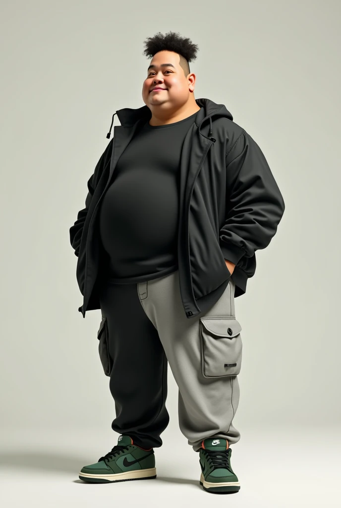 A person with half a chubby :
 Nike dunk low dark green
Gray straight cargo pants with one bag
1 black t-shirt
And Adidas black windbreaker
