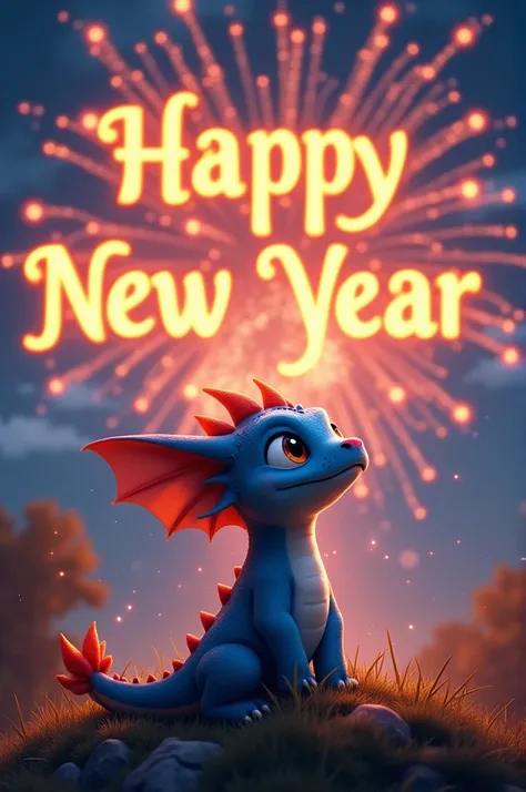 A little cute blue dragon watching fire works and write happy new year in letters with flames