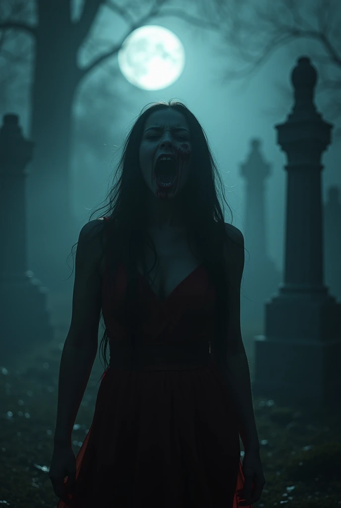 Young women ,abyss ,open mouth,((masterpiece)), ((best quality)), 8k, high detailed, ultra-detailed,  horror, gothic, (1girl), (sinister:1.2), a young woman with Twisted face , standing in a dimly lit cemetery, moonlight casting eerie shadows, (ethereal an...