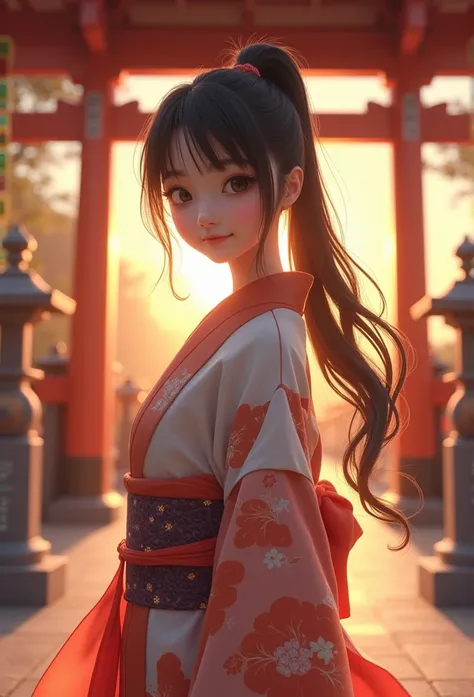 ((masterpiece)),8k, 1 girl ,solo, wearing Japanese kimono, blown hair, ponytail hairstyle, ((small breasts))the background is Japanese shrine, outdoor, morning, sunrise, cowboy shot ,(lovely), a happy new year🎍, full body, smile, evil grin,
