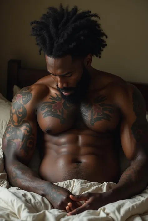 muscular tall girl with big biceps and big arm in bed in lingerie and feeding belly rubbing an alpha tall dark black skin big huge muscles rugged dark skin black , bulged african man,wearying half paint ,having a full, thick careless beard. He has curly, v...