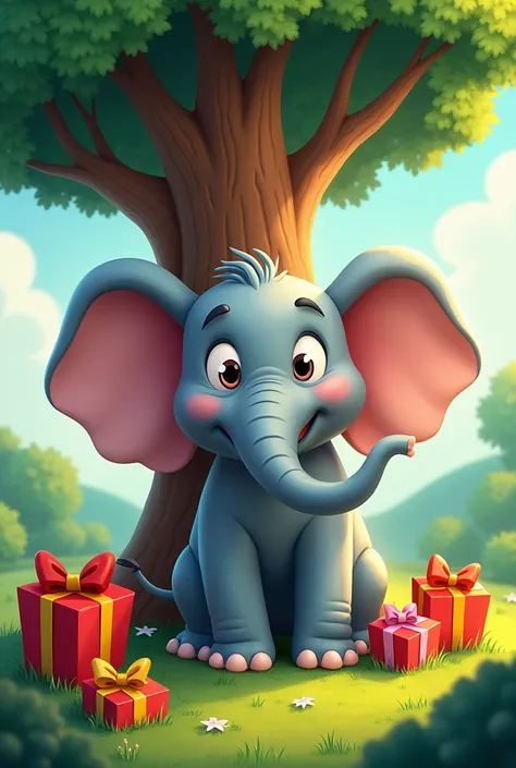 Cartoon elephant and with tree and presents