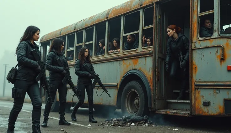 A bus is parked on the road, and four girls are standing on the road armed with guns. These girls are in control, firing at the bus. The bus is riddled with bullet holes, its windows shattered. Inside the bus, men and women are seated, while in a corner, a...