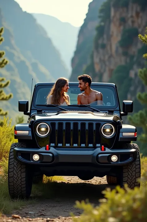 A girl and guy in a black Jeep Rubicon holding hands 