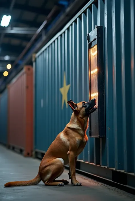 An image of a container with a Belgian Malinois dog performing a security check, Wishing you a Happy New Year 2025.  The scene takes place in a modern and safe facility ,  where the dog meticulously examines the container to detect any anomaly. .  The ligh...