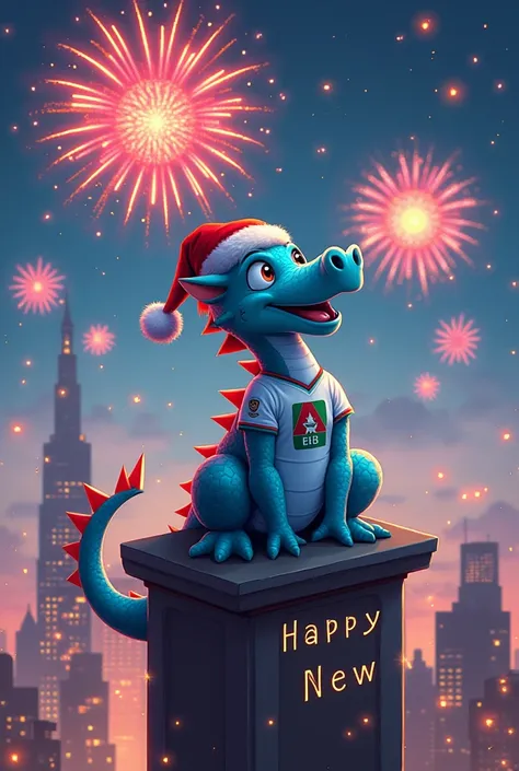 A little blue dragon wearing christmas hat  and algerian football  jersey watching fire works over the city of Bejing and write happy new year in letters with flames