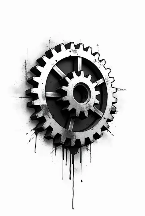 White background with a black and white graffiti art of a gear without errors or flaws. 